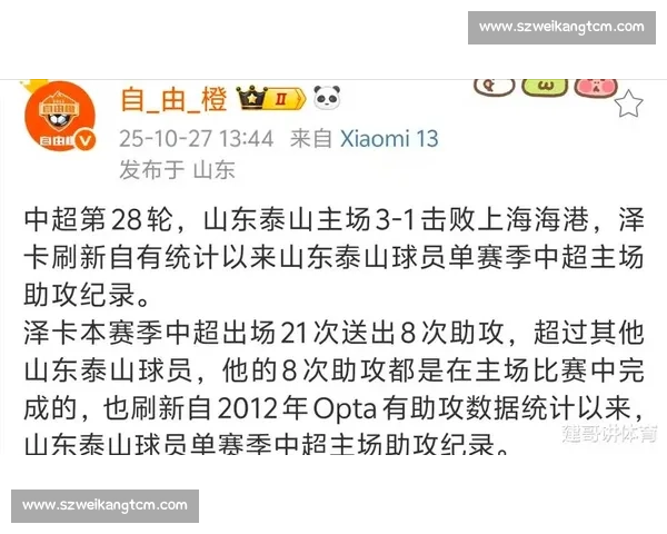 泽卡 8 次主场助攻破纪录，泰山逆转海港立奇功